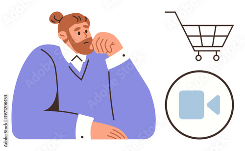Online shopping, e-commerce, remote business, decision-making, virtual meetings, conceptual communication. A thoughtful man sits, with icons of a shopping cart and video call around. Online shopping