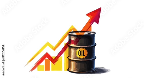 Oil barrel with rising graph and red arrow indicating price increase