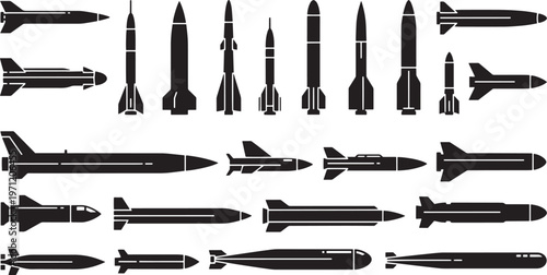 Comprehensive collection of stylized vector silhouettes depicting various types of ballistic missiles, guided rockets, and aerial bombs, symbolizing military power and strategic defense capabilities