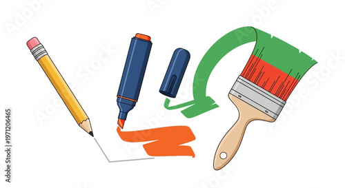 Artistic creation process: pencil drawing, marker coloring, and paintbrush painting