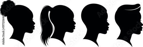 Set of black woman profile silhouettes with diverse hairstyles including curly afro bun high ponytail short buzz cut and pompadour