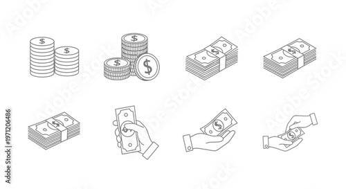 Financial transactions and currency a collection of line art icons depicting money and exchange