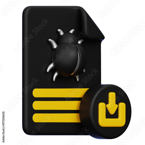 3D digital illustration of a computer file icon with a bug symbol and download arrow, representing software error or malware threat