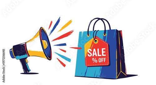 Megaphone Announcing Sale Discount with Shopping Bag and Tag