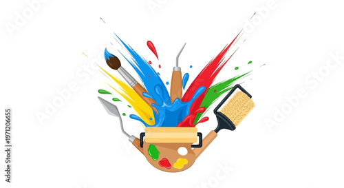 Artistic explosion of colors with painting tools and supplies