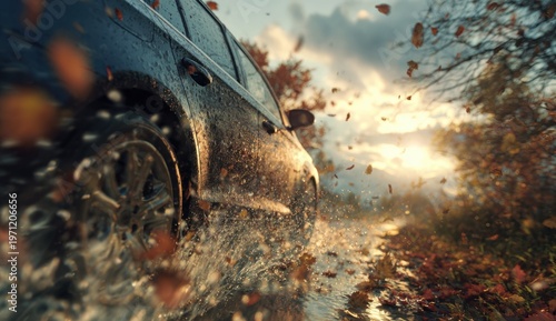 Car driving on a wet autumn road surrounded by colorful fallen leaves and trees with orange and yellow foliage