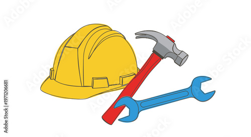 Construction Tools: Hard Hat, Hammer, and Wrench - Safety and Repair Concept