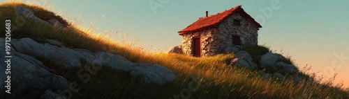 Small stone house with red roof standing on  grassy hill during  golden sunset