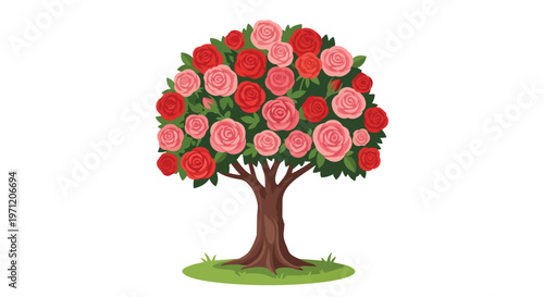 Illustration of a beautiful rose tree with red and pink blossoms