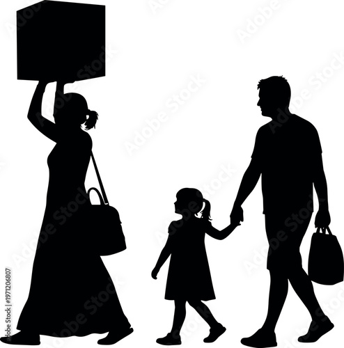 Silhouette of a migrant family walking with heavy luggage and boxes symbolizing relocation, moving to a new home or refugee journey.