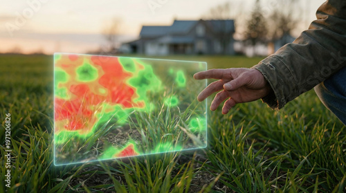 Farm technology enables analysis of soil health and crop conditions in closeup view during sunset