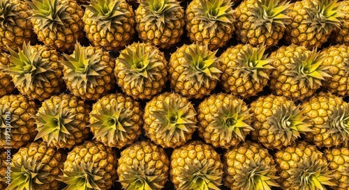 Fresh pineapples stacked in an organized pattern, showcasing vibrant yellow colors and leafy crowns. Pineapples are ready for sale in a market,