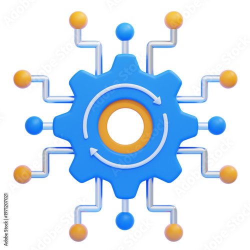 Abstract 3D illustration of a gear with interconnected nodes representing automated systems and digital processes