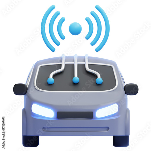 Futuristic Self-Driving Car with Wireless Technology and Connectivity Symbols, 3D Render