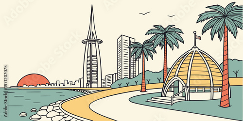 Perth, a sunny Australian vector silhouette. Features the Swan Bells, Elizabeth Quay, and the Central Park Tower against the Indian Ocean coastline.