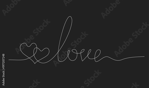 One Line Continuous Drawing of 'Love' Word with Two Hearts on a Dark Background