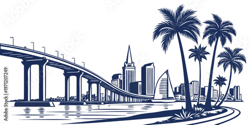 A sleek waterfront vector silhouette of San Diego.  Clean, sunny, and coastal.