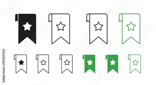 Collection of bookmark icons with stars, including solid, outline, and colored variations for digital use