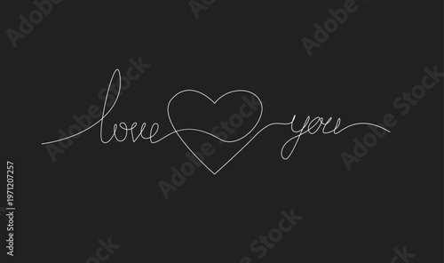Minimalist Continuous Line Drawing of "Love You" Text with Heart on Black Background