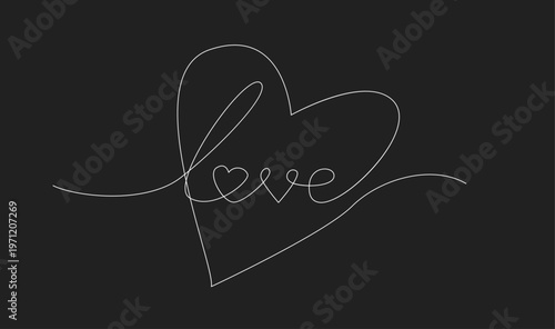 Minimalist Continuous Line Drawing of 'Love' Word with a Heart Symbol on Black Background