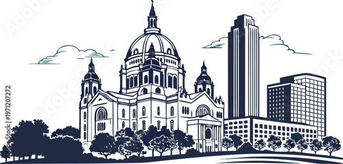 St. Paul: A refined Minnesota vector silhouette. Blends the historic dome of the Cathedral of Saint Paul with the modern glass of the downtown skyline.
