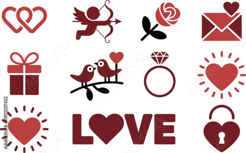 Set of Valentine and love themed icons isolated on transparent background