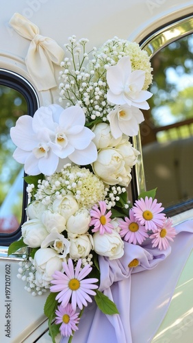 Pastel Wedding Car Adorned with White Hydrangeas and Pink Daisies