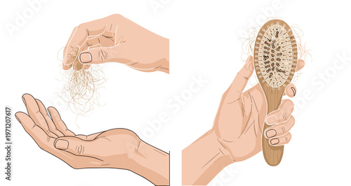 Hair Loss and Hair Brush Vector Illustration with Falling Hair in Hand and Hairbrush, Alopecia and Hair Care Problem Concept Design
