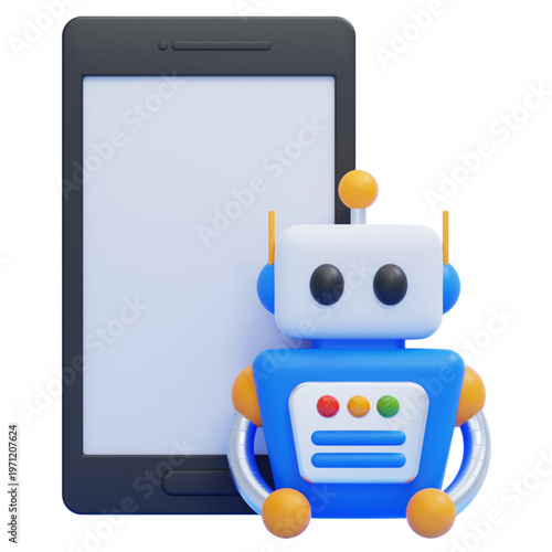 Cute blue and orange robot character with an antenna and a large screen, presented in 3D, symbolizing technology and artificial intelligence for digital platforms