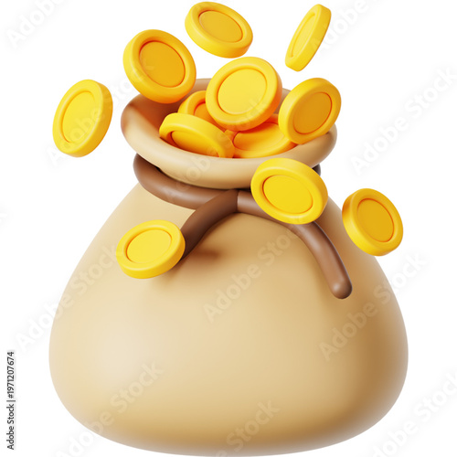 Bag of gold coins spilling out, symbolizing wealth, fortune, and financial success, rendered in a charming 3D illustration