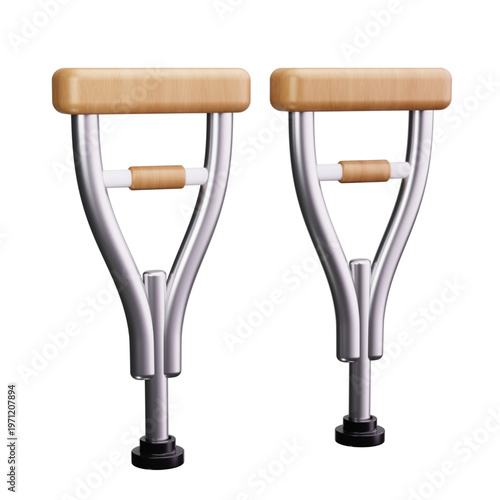 3D render of two medical crutches with wooden handles and metal frames on a white background