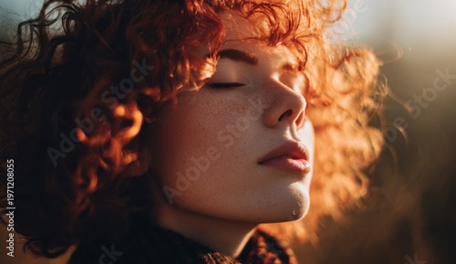 Close-animated movie portrait of a woman with vibrant curly red hair and fair skin, captured with soft natural lighting highlighting her textured hair and serene expression