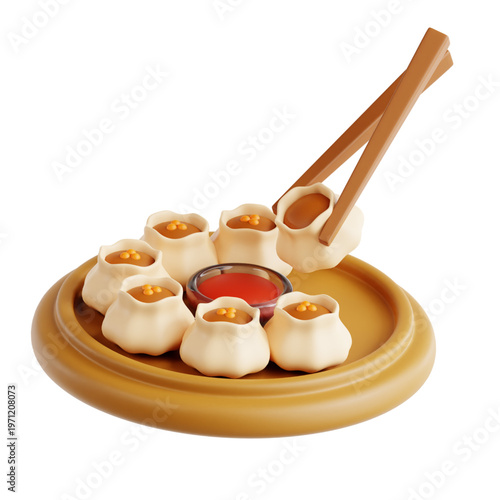Delicious Steamed Dumplings with Dipping Sauce Served on a Plate with Chopsticks, 3D Render