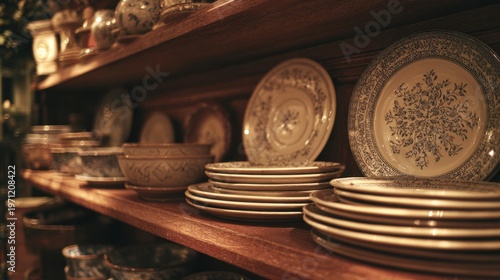 Collection of vintage ceramic plates and bowls with intricate patterns on wooden shelves in rustic kitchen setting