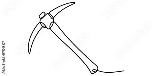 A single continuous line drawing of a pickaxe tool used for mining and digging in the ground area