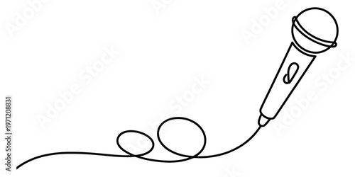 A single continuous line drawing of a classic handheld microphone with a coiled cord attached