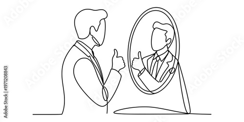 A continuous line drawing of a confident businessman giving a thumbs up gesture to his reflection