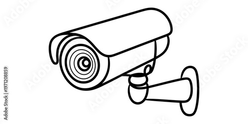 A simple black and white line drawing of a security camera mounted on a wall for surveillance.