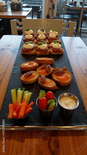 Elegant Silver-Rimmed Black Tray of Gourmet Finger Foods
