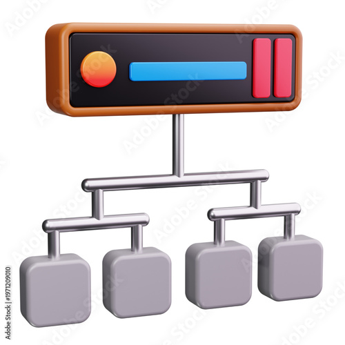 A 3D illustration of a hierarchical data structure or organizational chart with connected nodes representing information flow and systems management