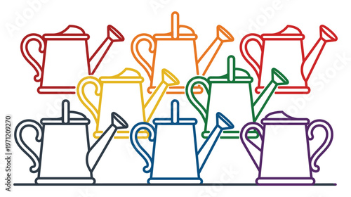 Rainbow watering cans collection of gardening tools in row white background.