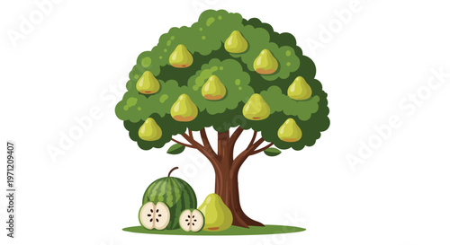 Cartoon Pear Tree Illustration with Fresh Fruit and Watermelon