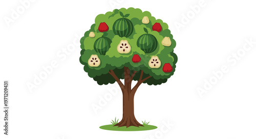 Cartoon Illustration of a Fruit Tree with Watermelons and Apples