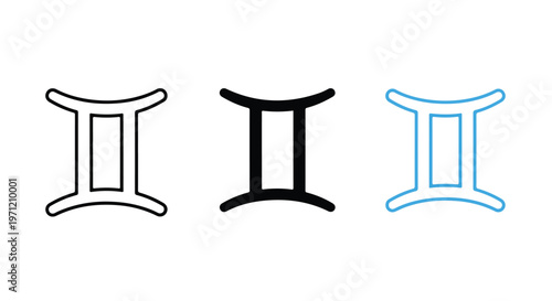 Three different styles of the Gemini zodiac symbol, including outline, solid black, and blue line art