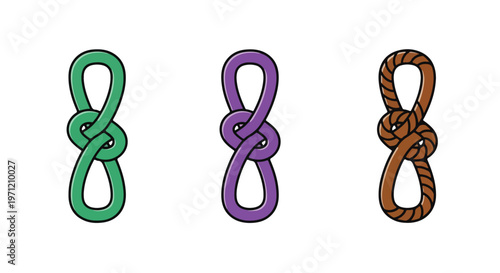 Three different types of secure knots illustrated in green, purple, and brown rope on a white background