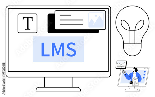 Learning management system. LMS with a computer interface, online communication, and digital content delivery. Learning management supports e-learning, remote teaching, training, content creation