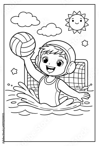 A cheerful cartoon boy playing water polo in a pool under a smiling sun.