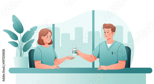 Doctor dispensing prescription medication to woman in medical clinic