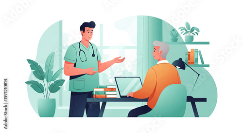 Male doctor discusses health concerns with elder male patient in clinic
