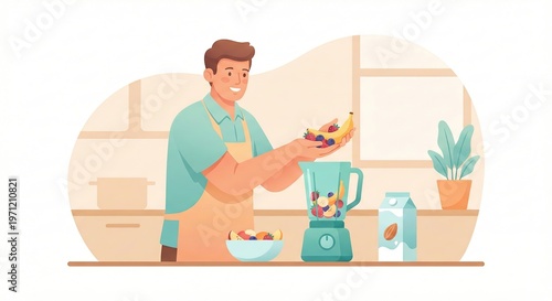 Man preparing healthy fruit smoothie in a kitchen